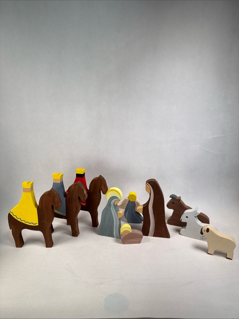 VTG Christmas Nativity Set 10 Piece All Wood Handmade Double Sided